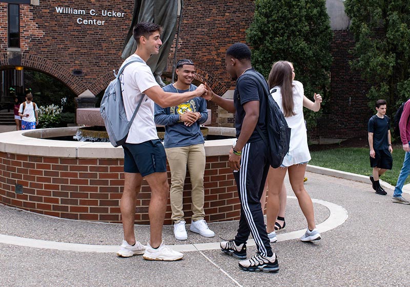 A group of young men and women greeting each other on campus