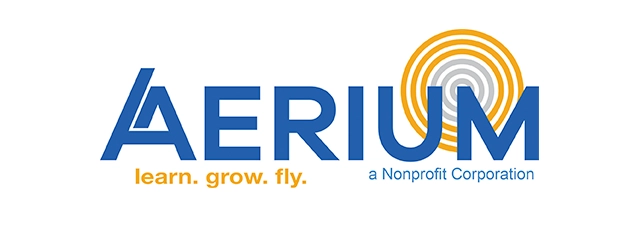 Logo of AERIUM, a nonprofit corporation, featuring a sunburst design and the tagline "learn. grow. fly."