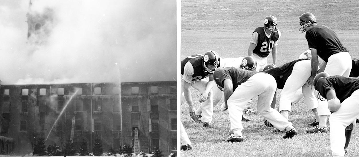 Two archival photos on the left shows the fire that happened in 1963 the photo son the right shows the first Pittsburgh steelers camp with the players on the football field