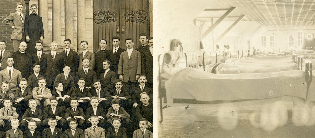 two archival photos on the left is a group photo of the prep school and college classes, photo on the right is showing rows of beds in the dormitory.