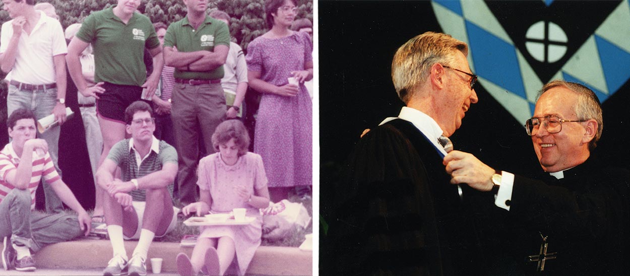 two archival photos, on the left showing male and female students together on campus and the photo on the right showing Fred rogers at 154th annual commencement being congratulated