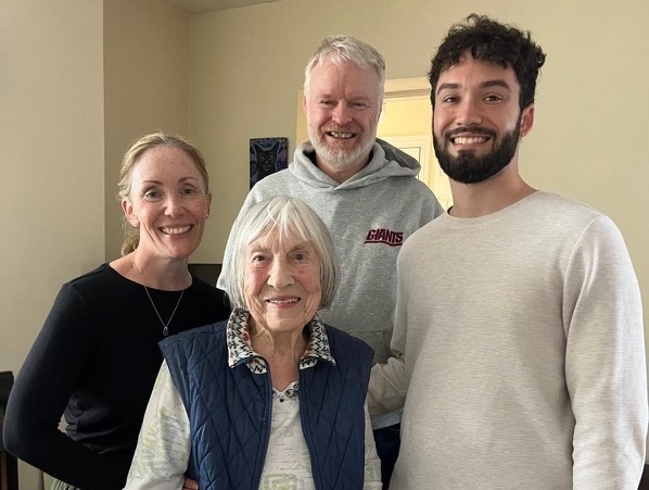 Matt Bertone (right) with (from left) his mother, Siobhán Bertone (left); great aunt, Maureen Cooper (center, bottom), and cousin, John Cronin (center, top), in Wilton, Ireland