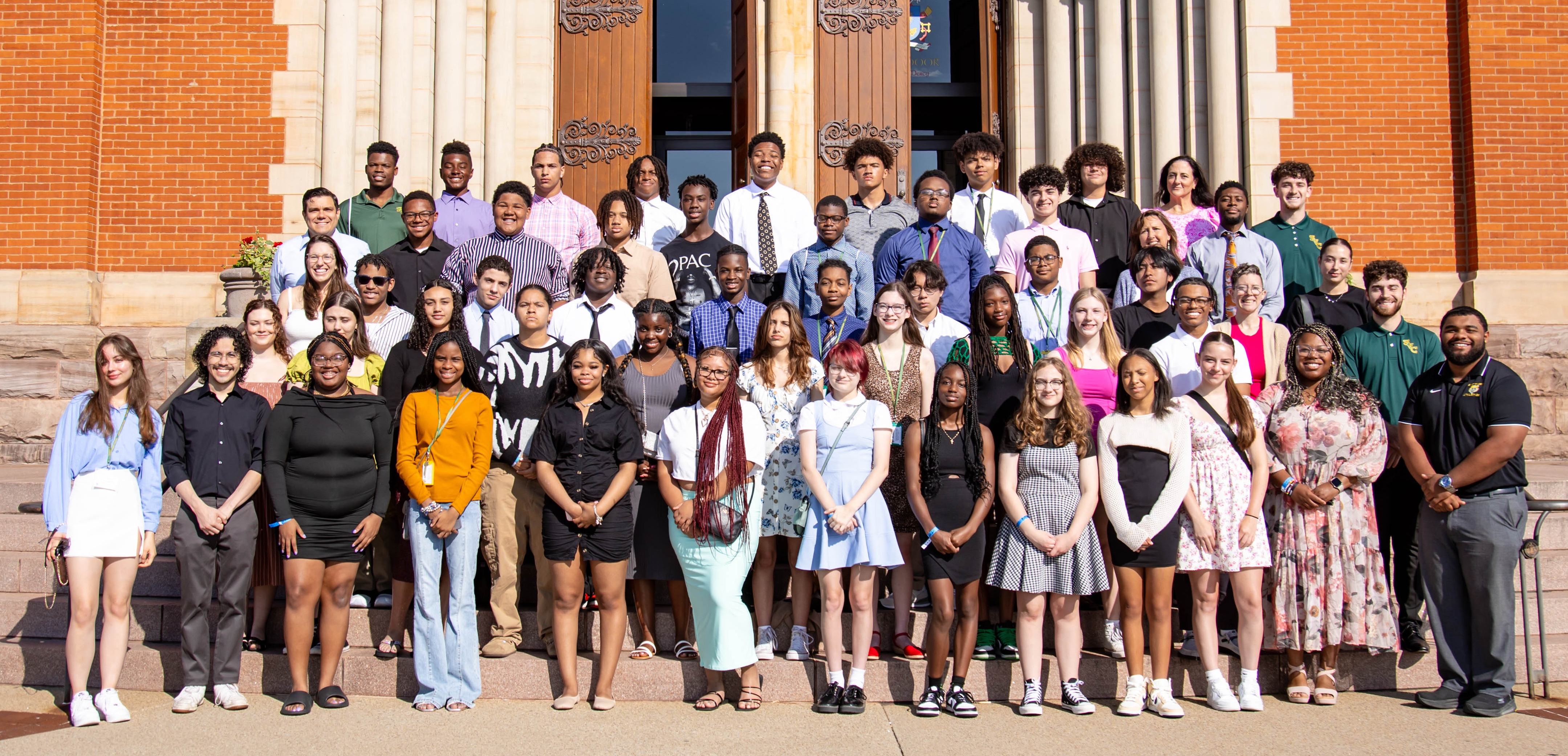 Crossroads Foundation scholars and Saint Vincent student mentors pose outside the Basilica at the conclusion of Saint Vincent Week