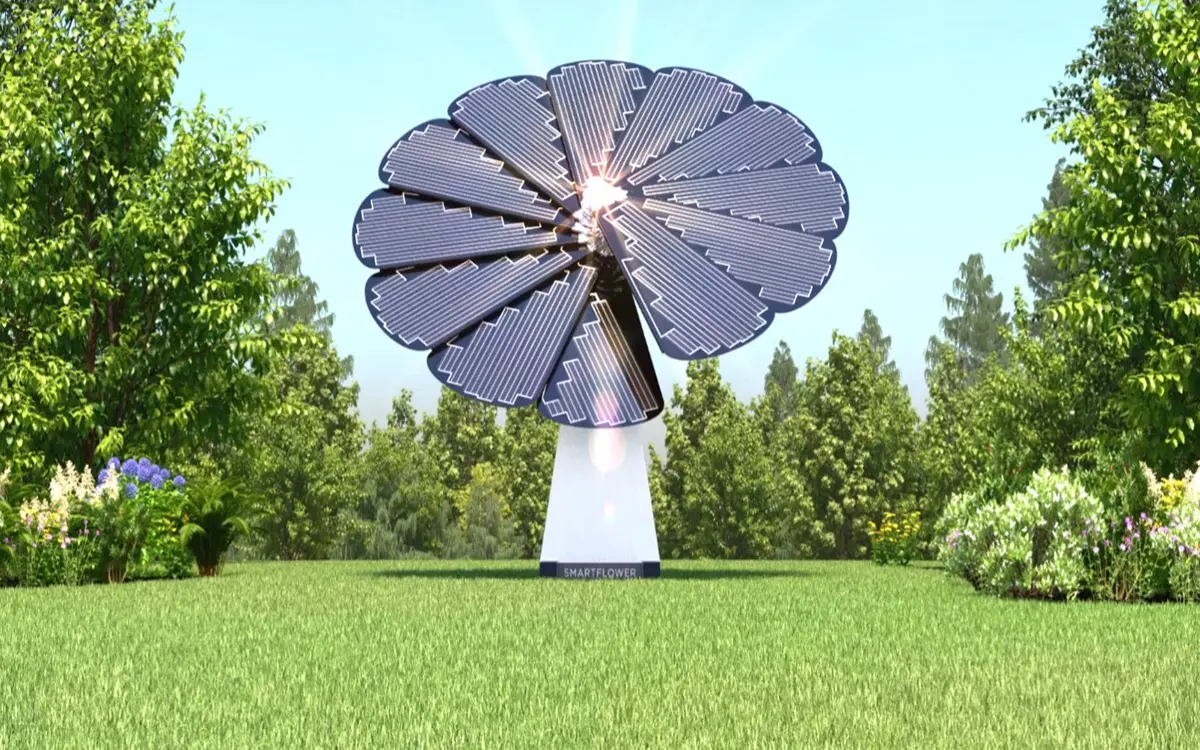 computer rendering of a Smartflower in a field with trees.. 