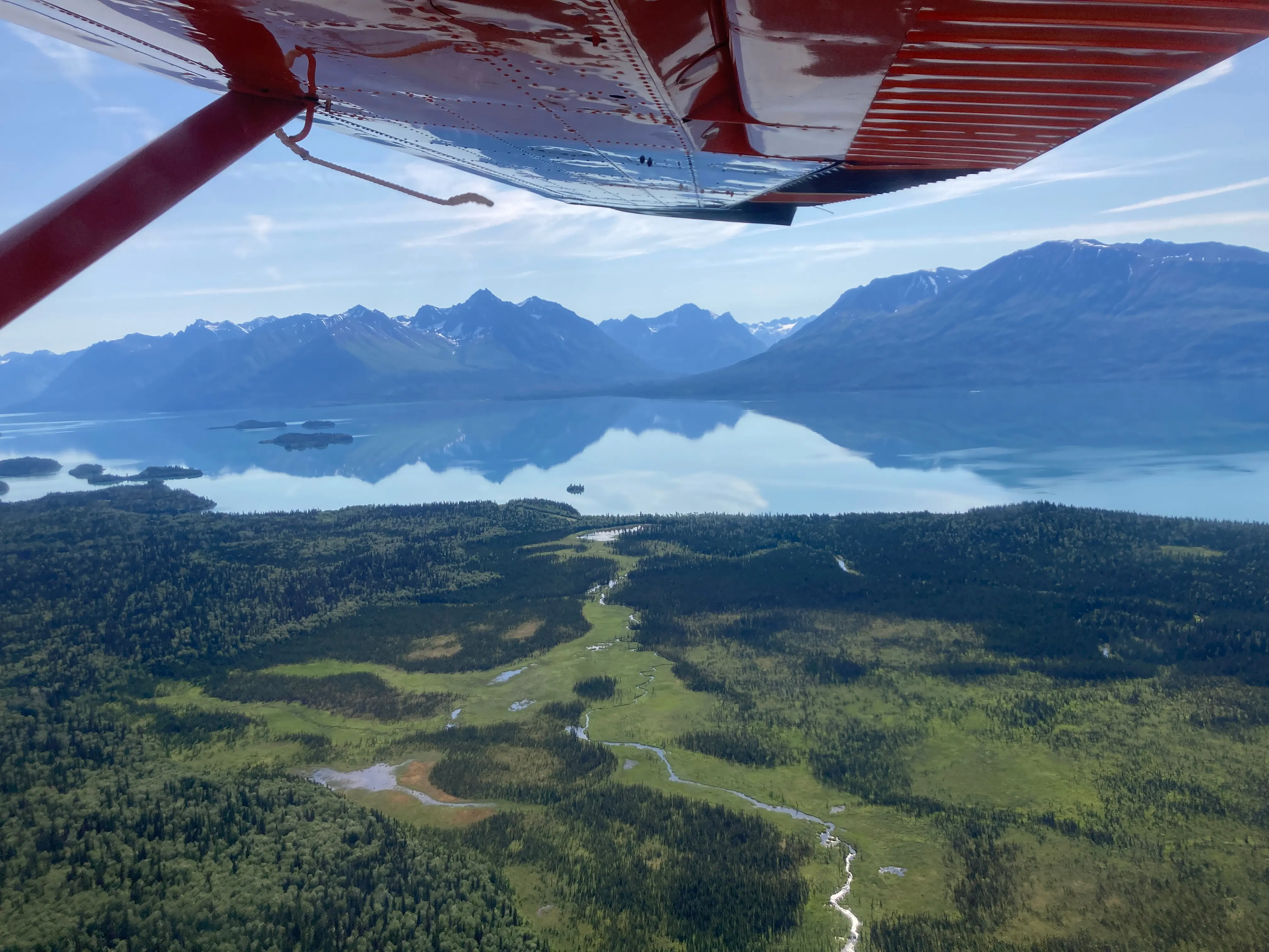 Aerial view of a lush landscape featuring mountains and a reflective body of water, captured from a seaplane.