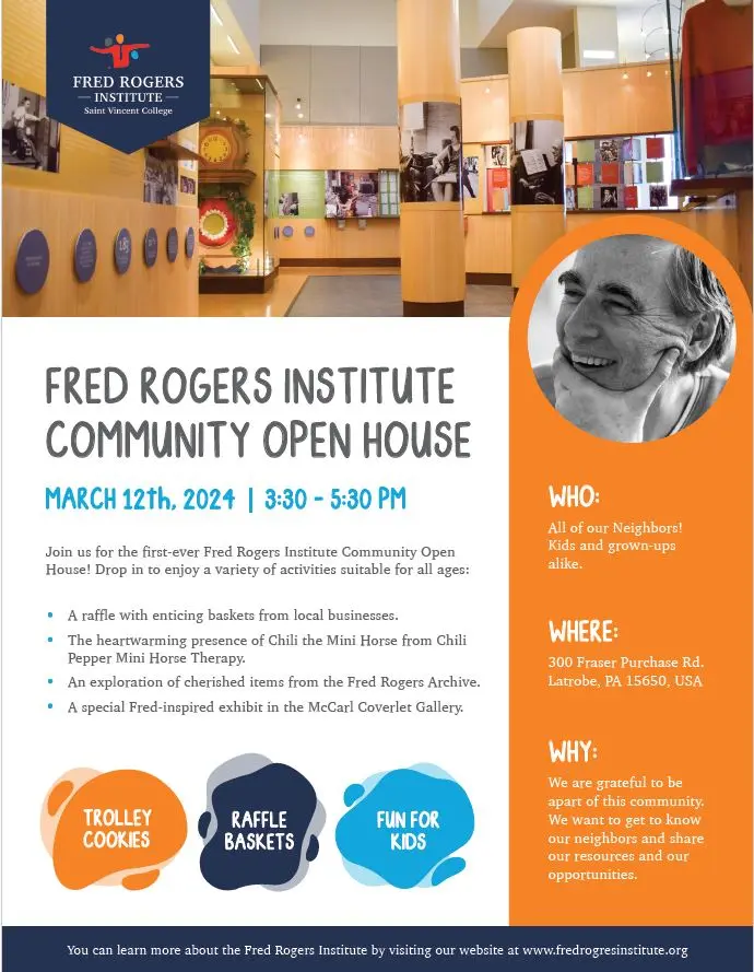 Community Open House flyer for the Fred Rogers Institute featuring event details, snacks, and activities.