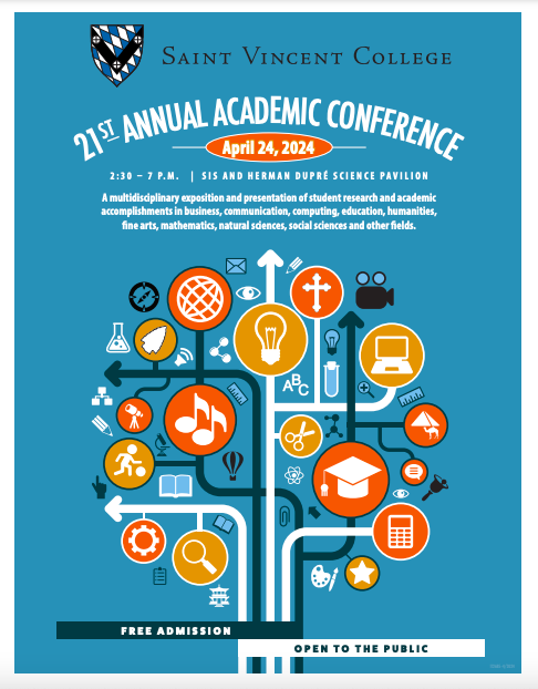 Poster for the 21st Annual Academic Conference at Saint Vincent College, featuring colorful icons representing various academic disciplines and exhibition details.