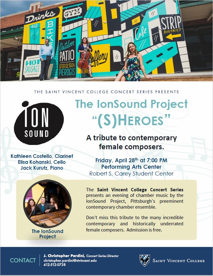 Concert poster for "The IonSound Project: A tribute to contemporary female composers" featuring details about the event, including date, time, and location.