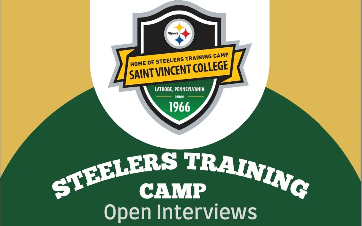 Logo for the Steelers Training Camp open interviews at Saint Vincent College, highlighting the date, location, and details about the event.