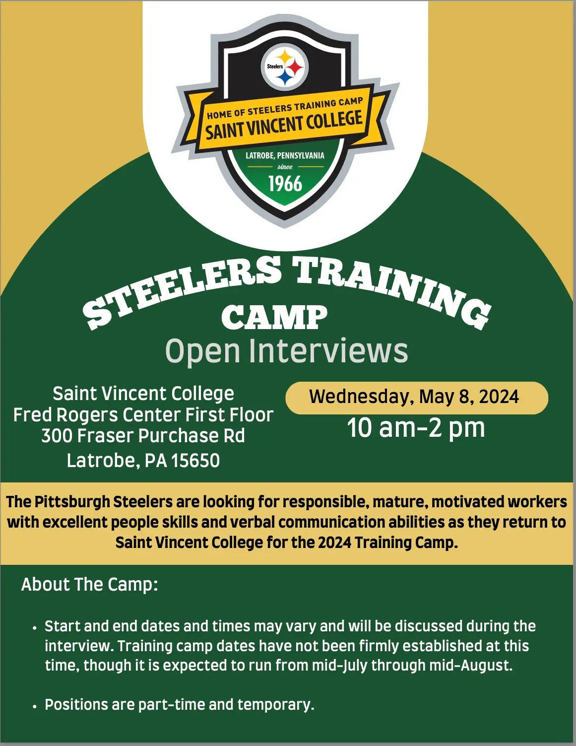 Logo for the Steelers Training Camp open interviews at Saint Vincent College, highlighting the date, location, and details about the event.