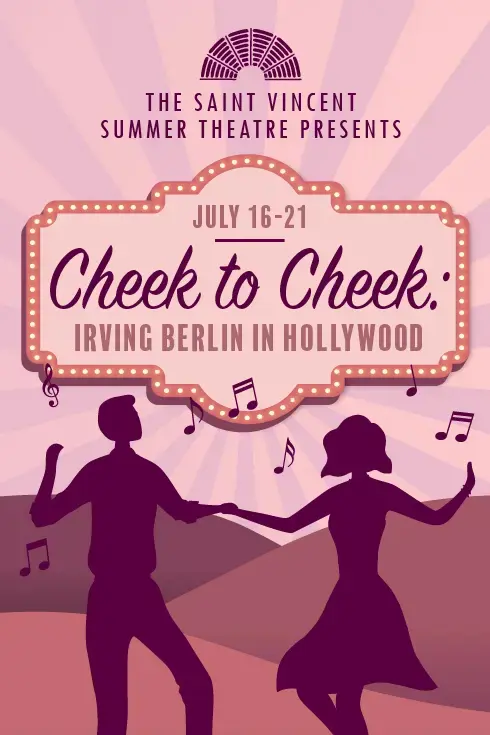 Promotional illustration for "Cheek to Cheek: Irving Berlin in Hollywood," featuring dancers against a colorful backdrop.