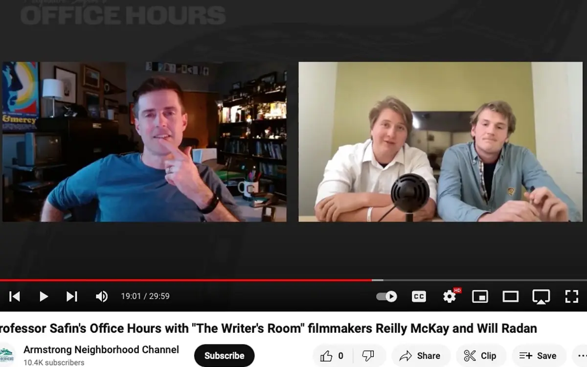 Screenshot of a video featuring Professor Safin discussing filmmaking with Reilly McKay and Will Radan during an online office hours session.