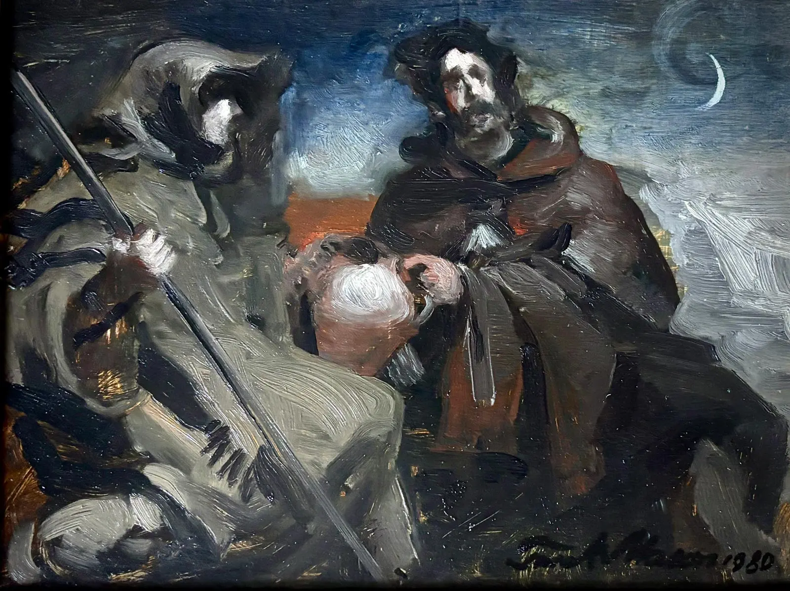 A moody painting depicting two figures, one holding a staff and the other an urn, set against a dramatic sky with a crescent moon.