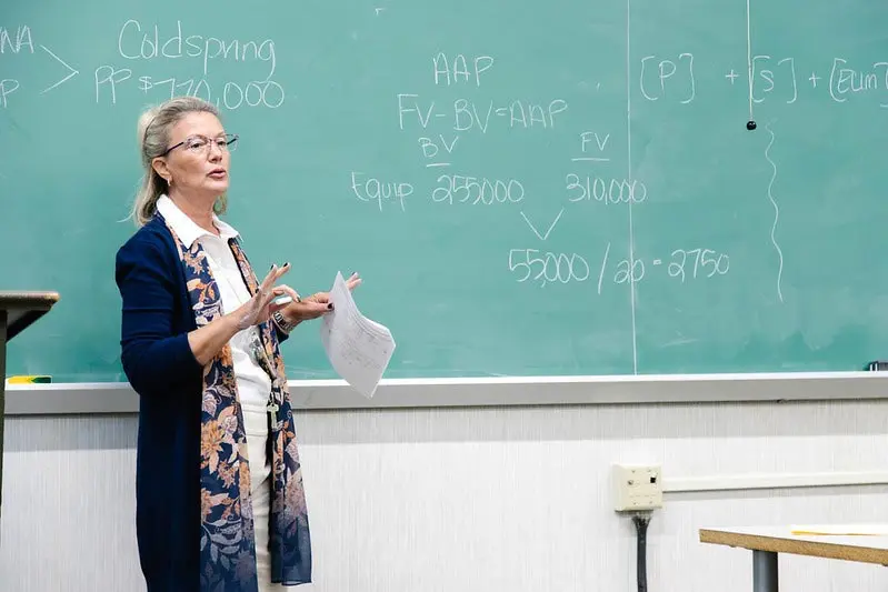 A female instructor presents financial concepts on a chalkboard during a classroom lecture.