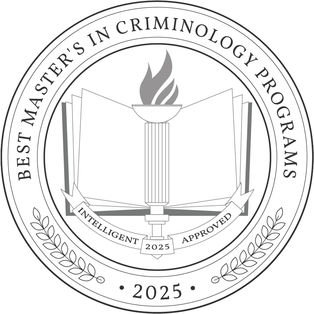 Seal featuring a torch above an open book, designating the "Best Master’s in Criminology Programs - 2025" with the word "Intelligent" noted as approved.