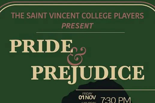 Poster for "Pride & Prejudice" presented by the Saint Vincent College Players, featuring performance details and pricing.