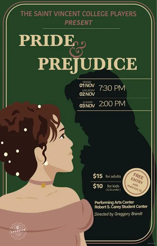 Poster for "Pride & Prejudice" presented by the Saint Vincent College Players, featuring performance details and pricing.